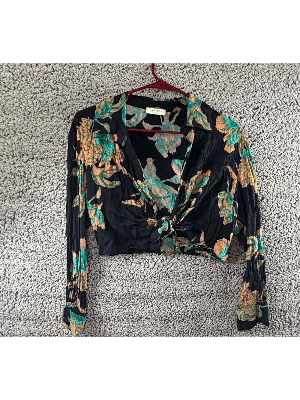 Sandro Paris Women Floral Wrap Blouse Black Green Long Sleeve Cropped Tie Front